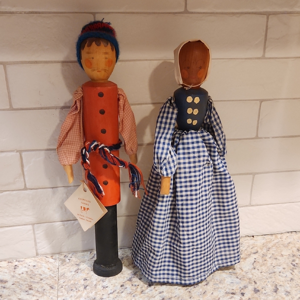 Vintage Handmade Wooden Folk Art Dolls Handmade In Canada Set Of 2